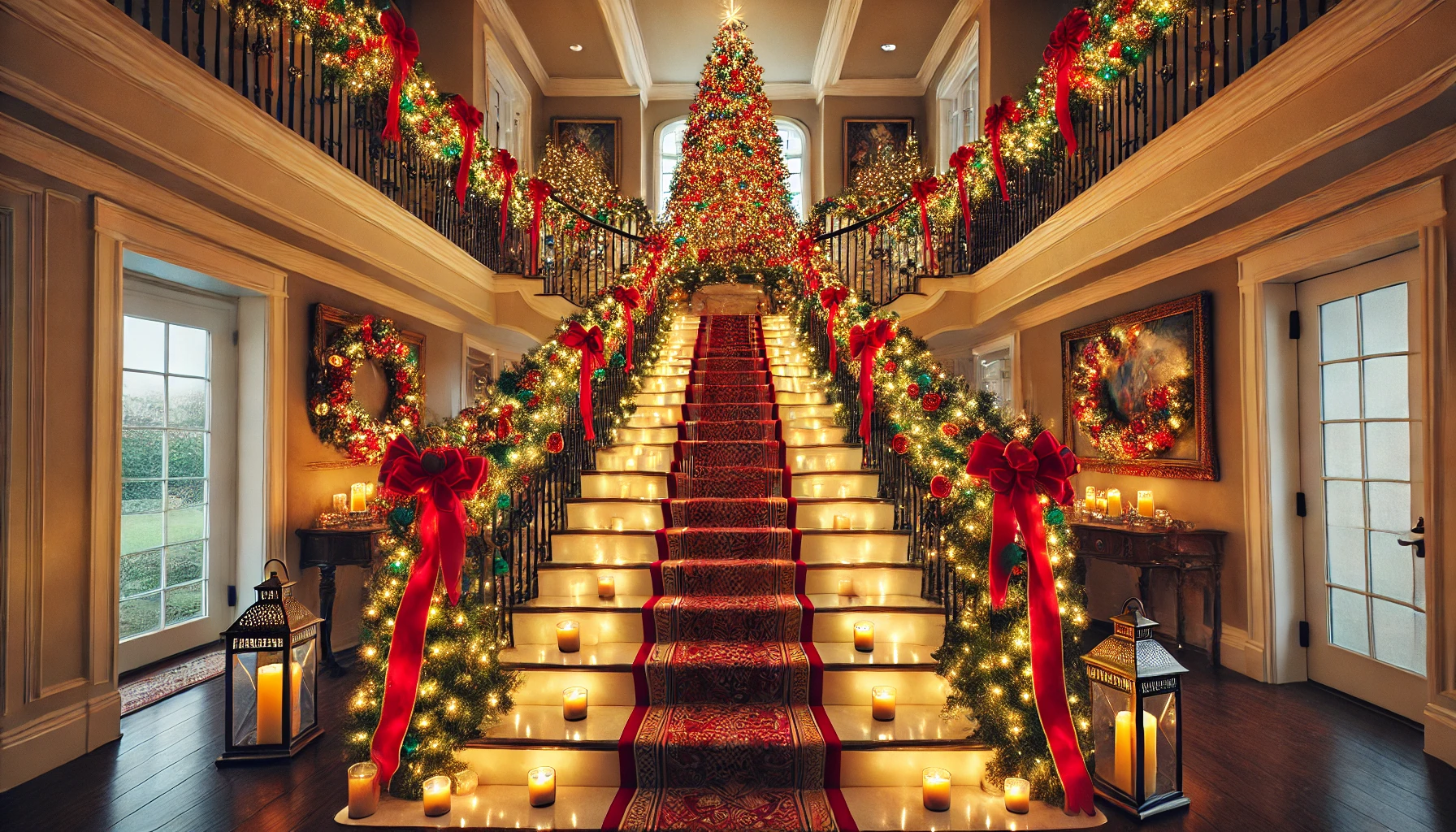 An elegant staircase decked out for Christmas with a garland wrapped in twinkling lights and red ribbon cascading down the banister. Each step is line