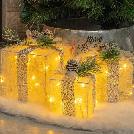 Holiday Pre-lit Tinsel Boxes Gift Decoration Set